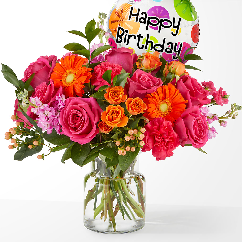 Fiesta Bouquet with Birthday Balloon – VERL'S CREATION FLORIST, Dallas TX