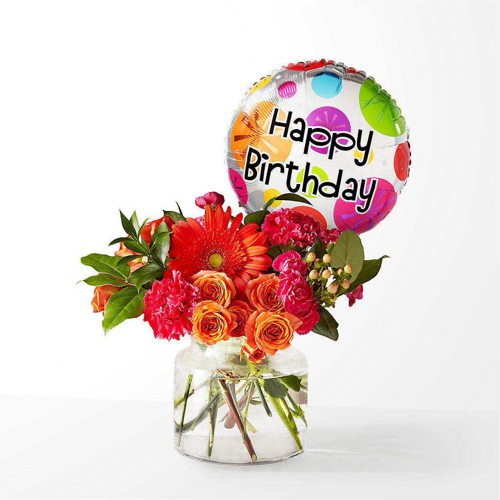 Fiesta Bouquet with Birthday Balloon – VERL'S CREATION FLORIST, Dallas TX