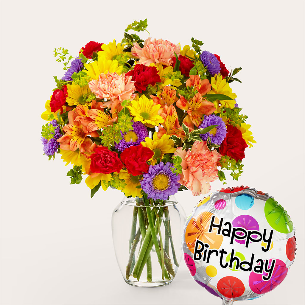 Kaleidoscope Bouquet with Birthday Balloon – VERL'S CREATION FLORIST, Dallas TX