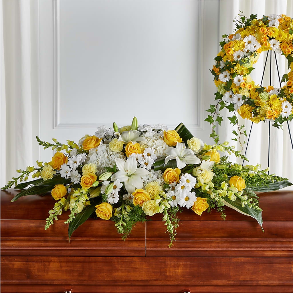 Golden Harmony Casket Spray – VERL'S CREATION FLORIST, Dallas TX