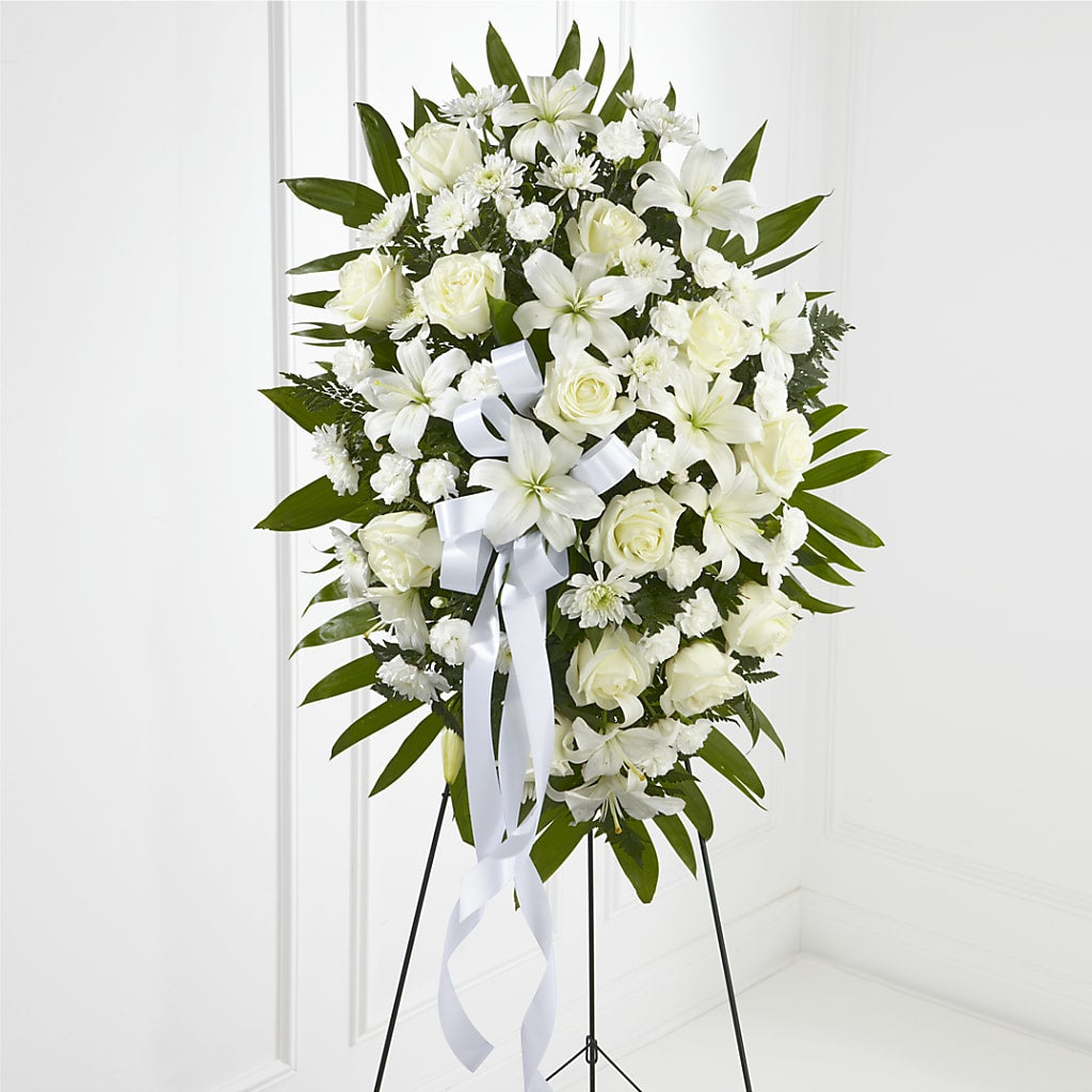 Exquisite Tribute Standing Spray-White Ribbon – VERL'S CREATION FLORIST, Dallas TX