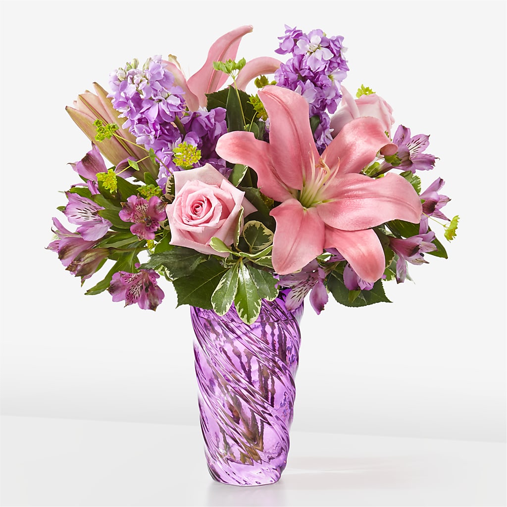 Precious Petals Bouquet with Luxe Swirl Vase – VERL'S CREATION FLORIST, Dallas TX
