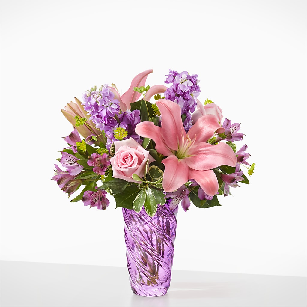 Precious Petals Bouquet with Luxe Swirl Vase – VERL'S CREATION FLORIST, Dallas TX